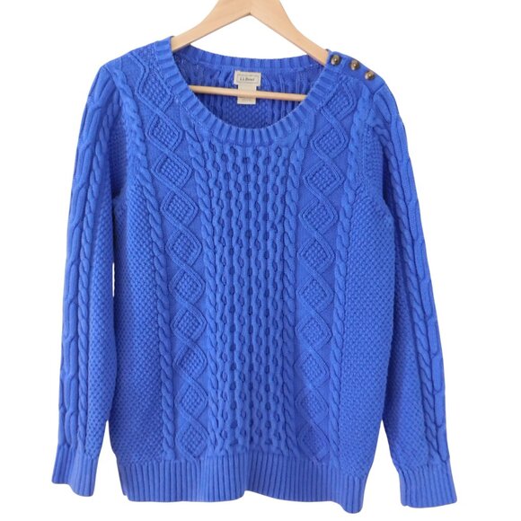 LL Bean Womens Sweater Fishermans Cable Knit Preppy Blue Size Large - Picture 1 of 5